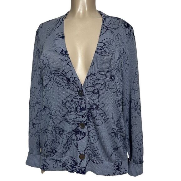 Chico's Cardigan Sweater Women's Size 1/M Blue Button Front Floral Linen Blend - Picture 9 of 14